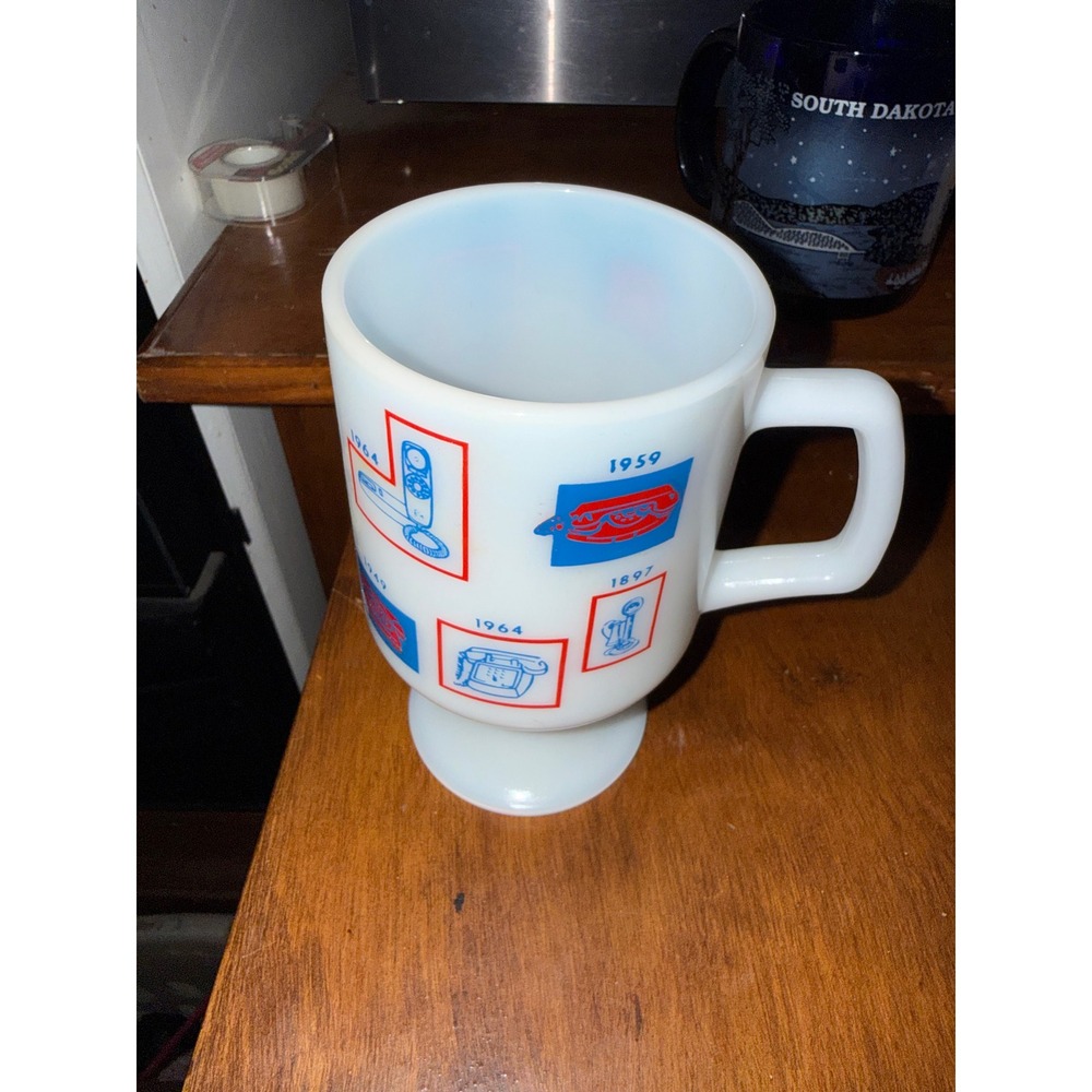 Vintage Milk Glass Telephone History Pedestal Mug Red Blue Graphic Timeline - Picture 1 of 4